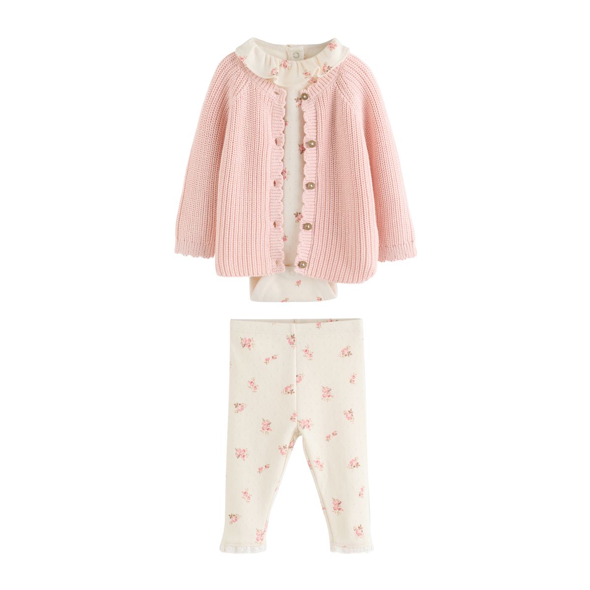Cardigan bébé, ensemble 3 pièces body fleuri blanc, legging avec maille rose, NEXT