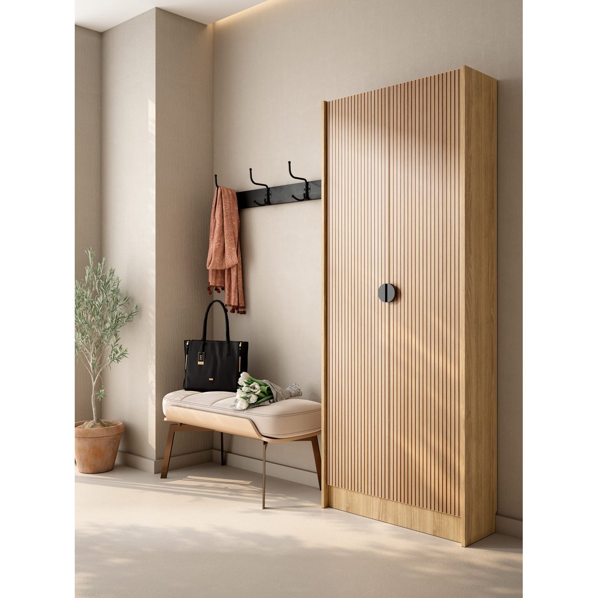 Meuble à chaussures en placard, NUX DUO chêne dore-lattes chêne, HERDASA