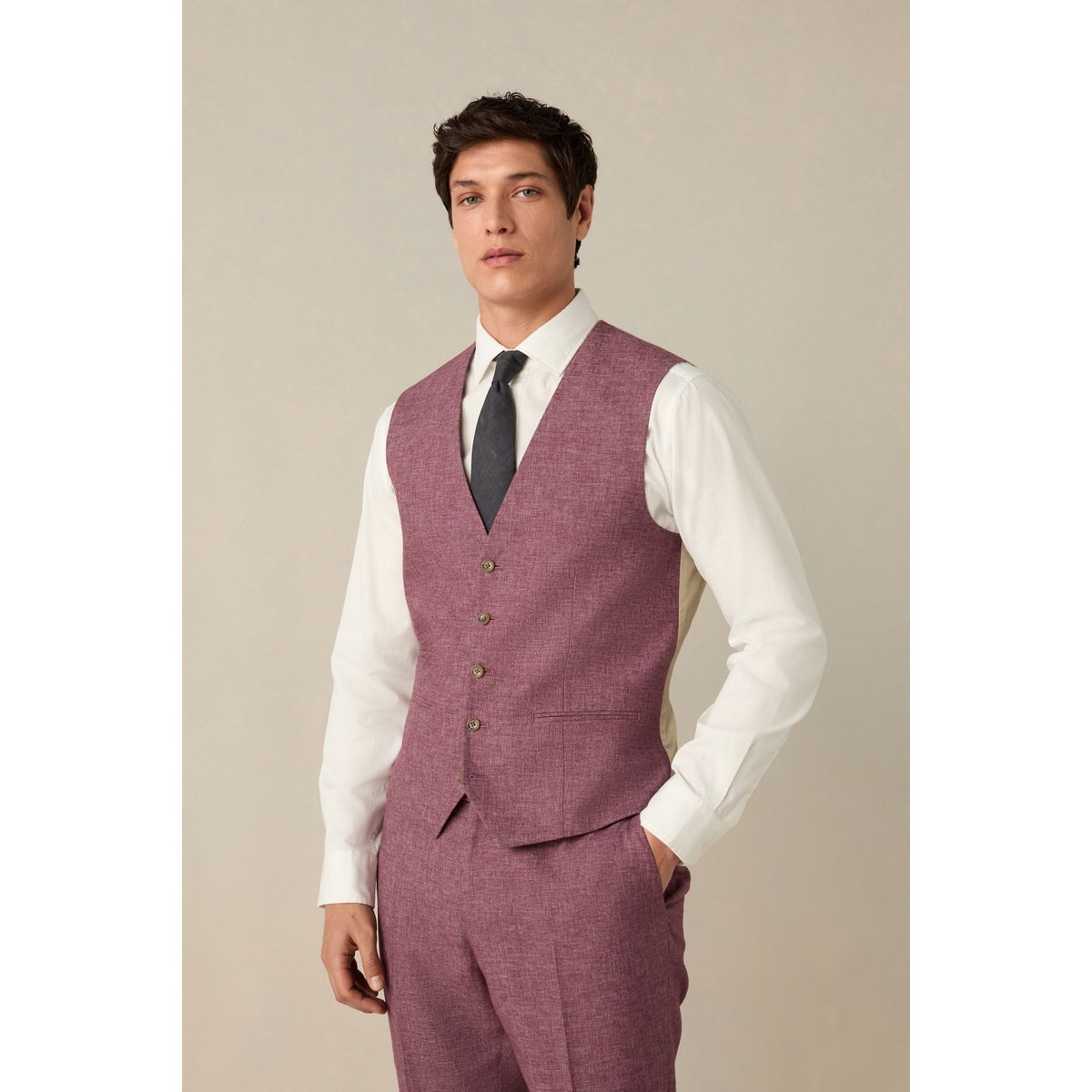Gilet de costume en lin texturé rose, NEXT