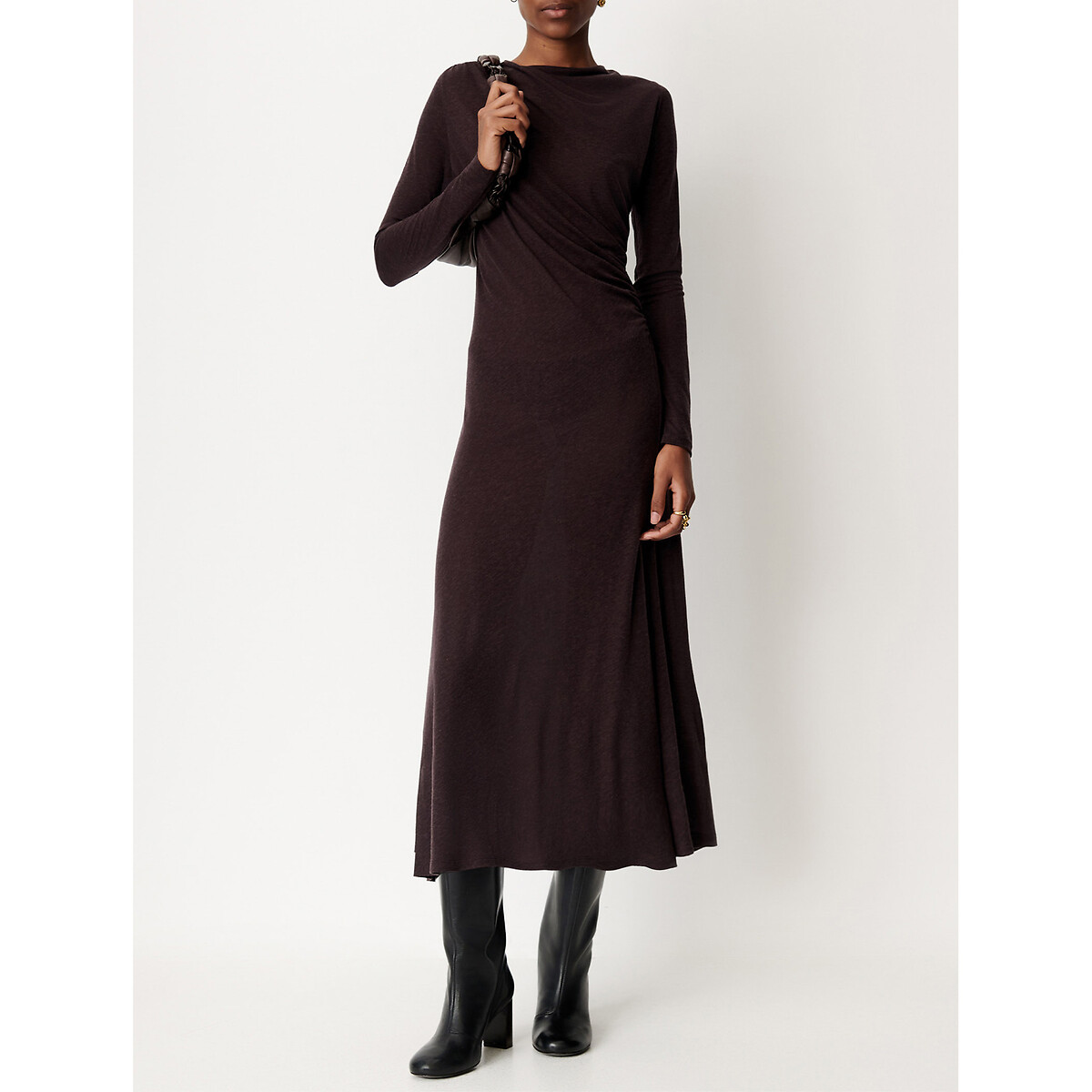 Robe midi en maille col rond manches longues, LEGANZA ebène, SESSUN