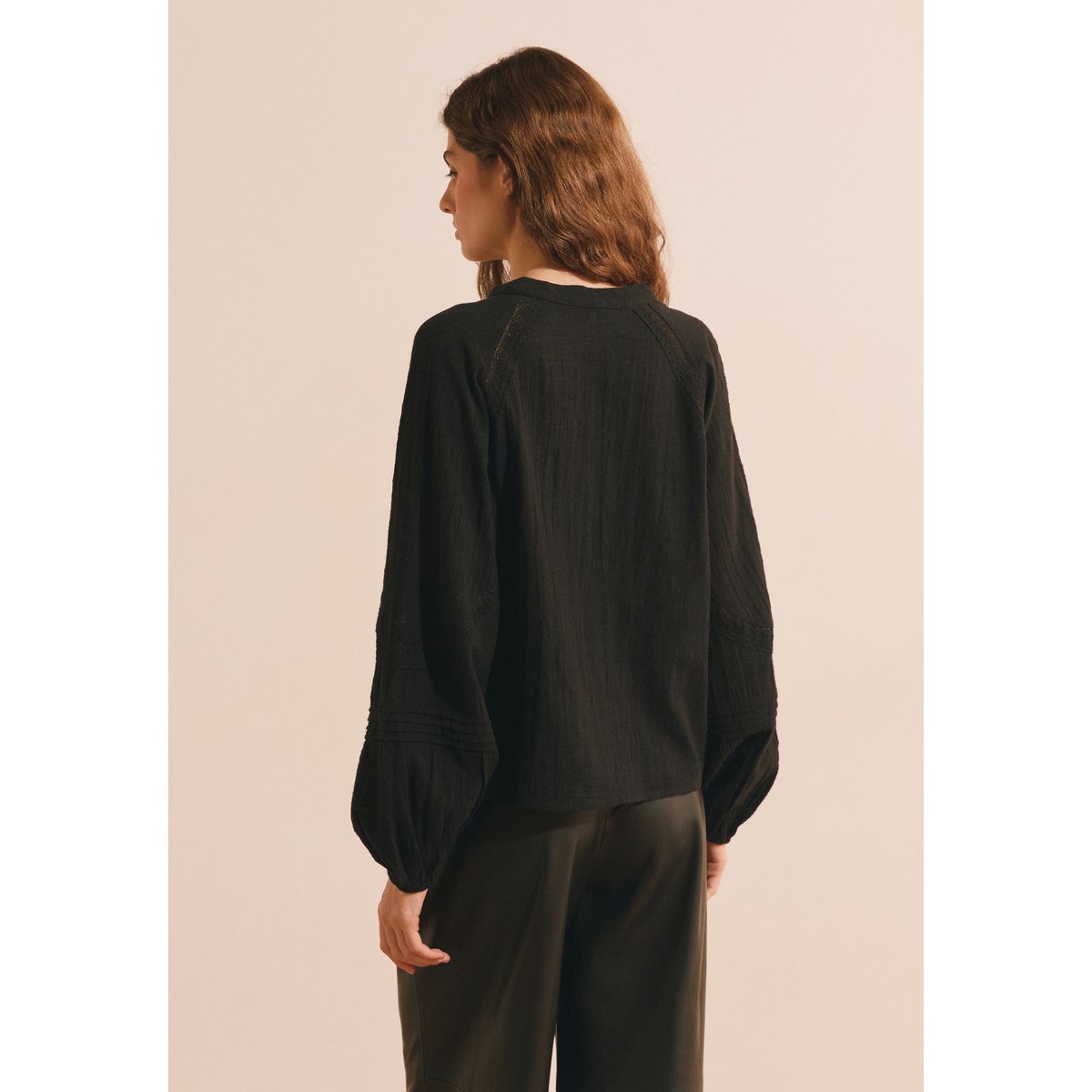 Blouse col V en coton BARBARA noir, ETAM
