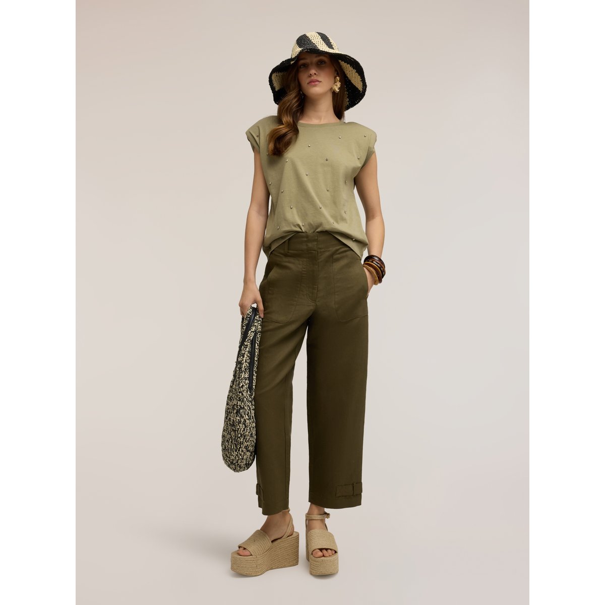 T-shirt avec applications de pierres verde militare, MOTIVI