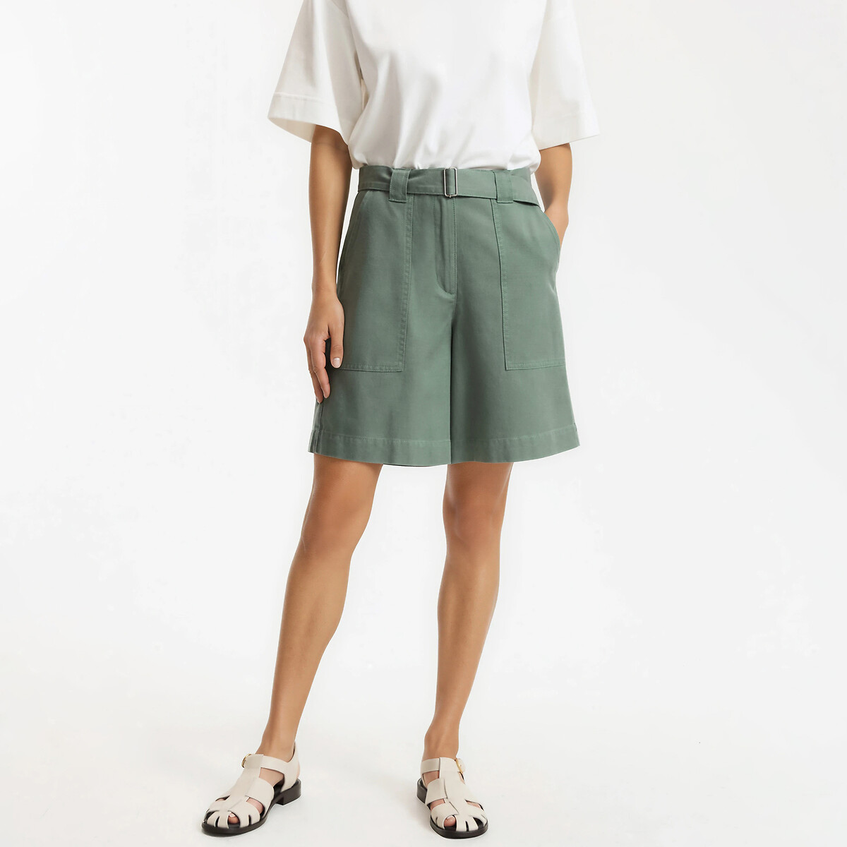 Bermuda cargo ceinturé en lyocell et coton vert tilleul, LA REDOUTE COLLECTIONS