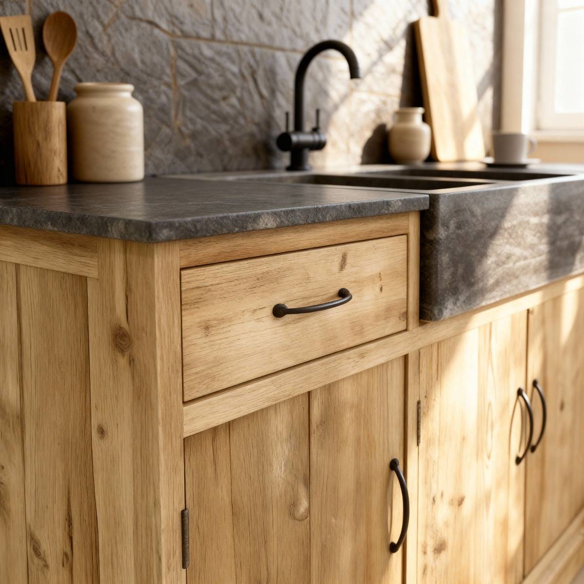 Meuble bas de cuisine en bois recyclé ROMAIN bois clair, MADE IN MEUBLES