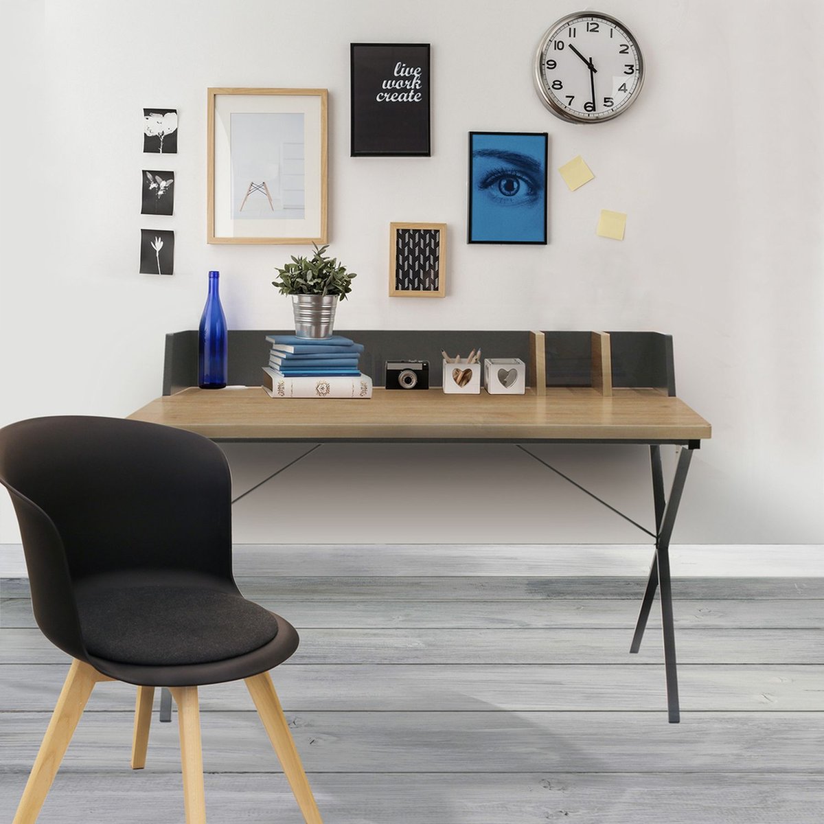 Bureau design industriel avec passe câble et rangement BRICE gris, THE HOME DECO FACTORY