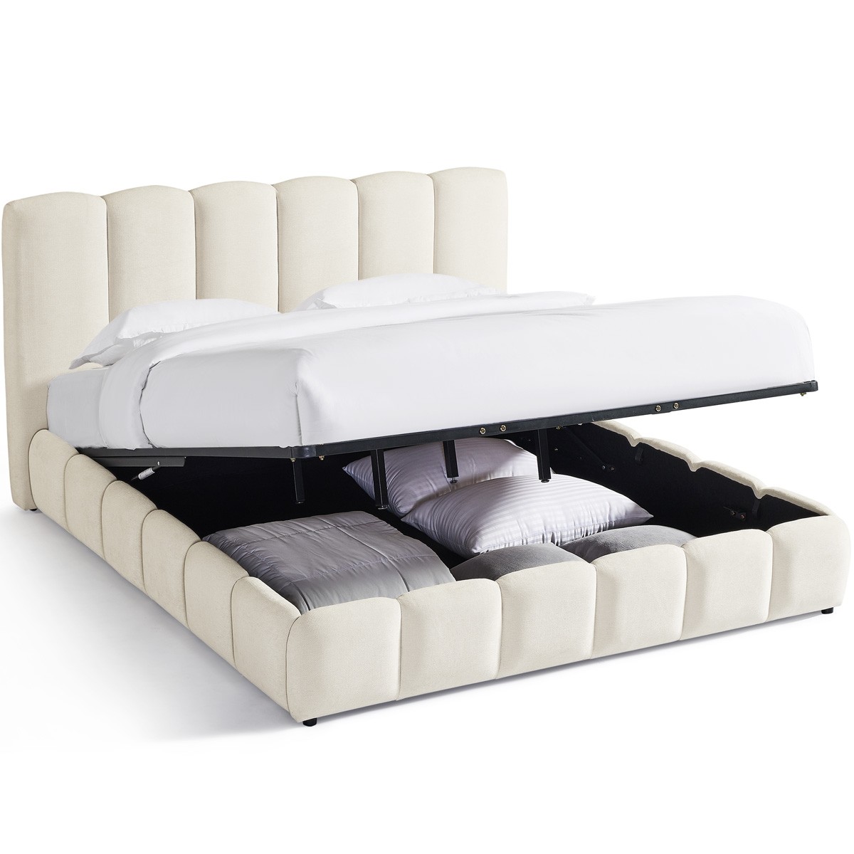 Lit coffre adulte avec tête de lit capitonnée en tissu chenille - NILS beige, HOMIFAB