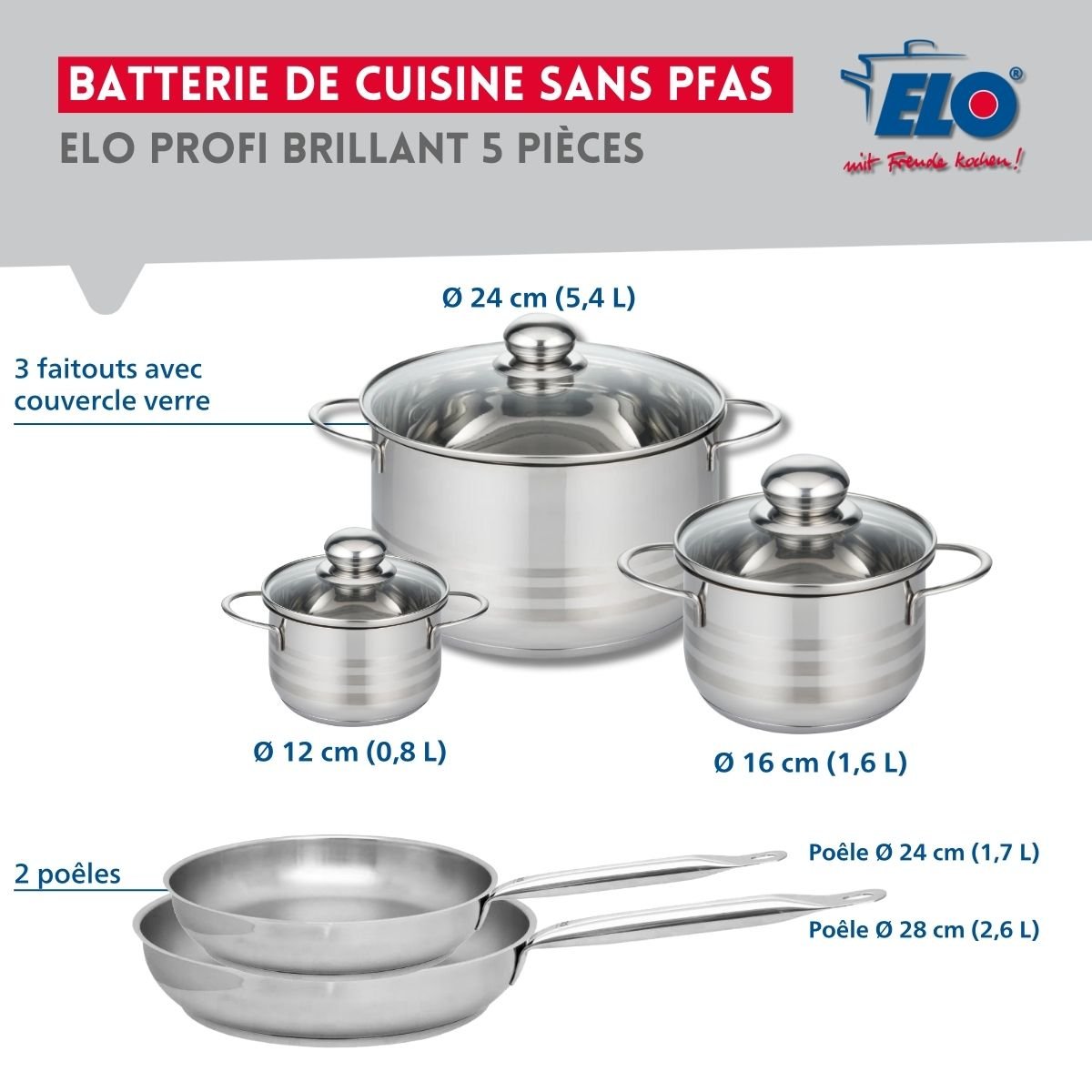 Batterie 2 poêles 24/28cm + 3 faitouts 12/16/24cm PROFI BRILLANT gris, ELO
