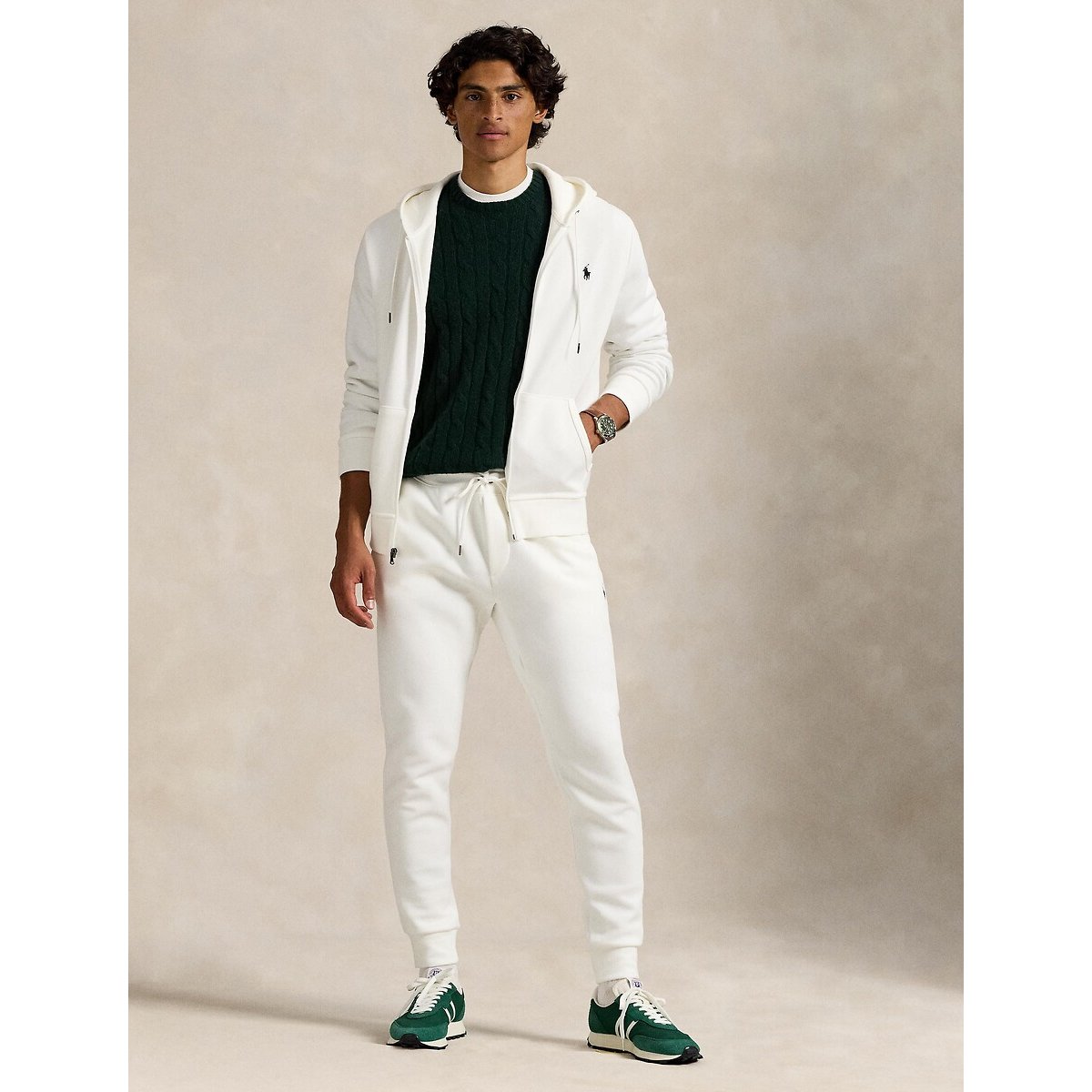Sweat à capuche zip en Double Knit Tech blanc chiné, POLO RALPH LAUREN