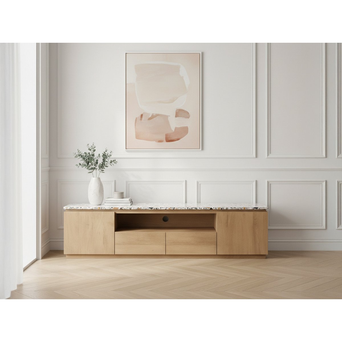 Meuble TV 200 cm bois massif, BARBARA marron clair, BOBOCHIC