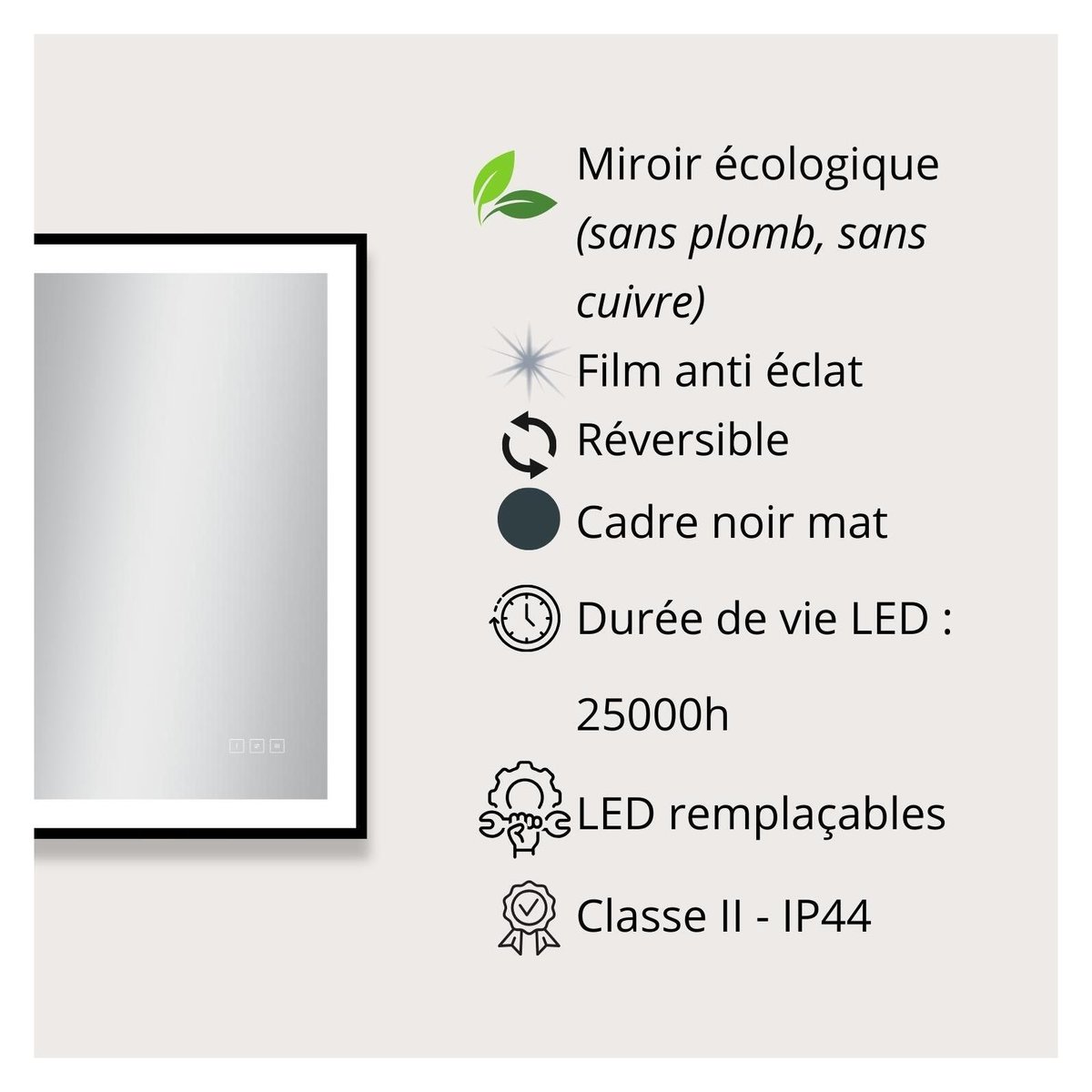 Miroir LED rectangulaire L60/80/120cm avec cadre alu noir VELUNA couleur unique, MOB IN