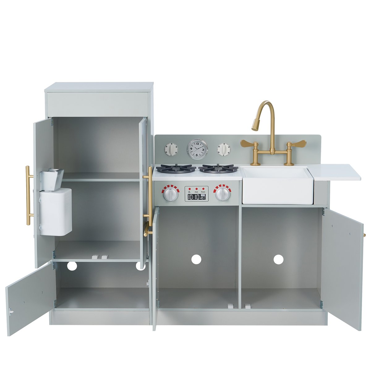 Cuisine Enfant avec évier, four, frigo et jeux, Bois, LITTLE CHEF gris, TEAMSON KIDS