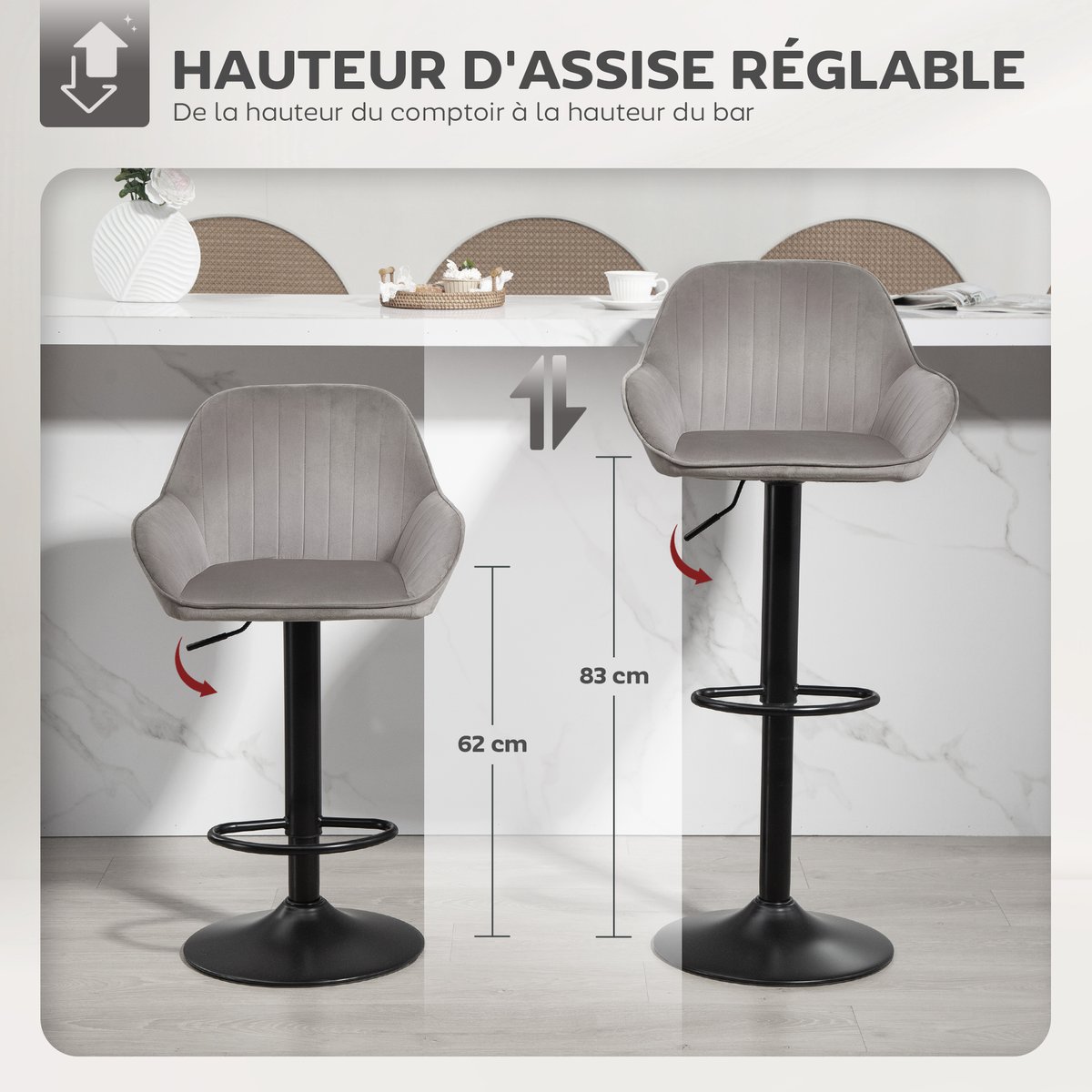 Tabouret de bar Velours (100 % polyester) gris et noir, HOMCOM