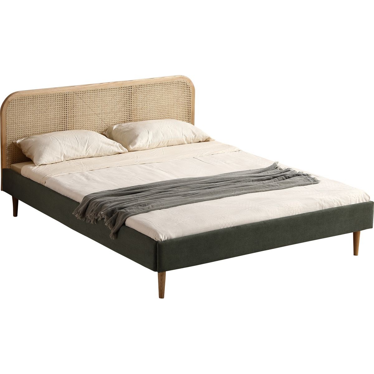 Lit en velours côtelé avec tête de lit en cannage - DALIA vert kaki, HOMIFAB