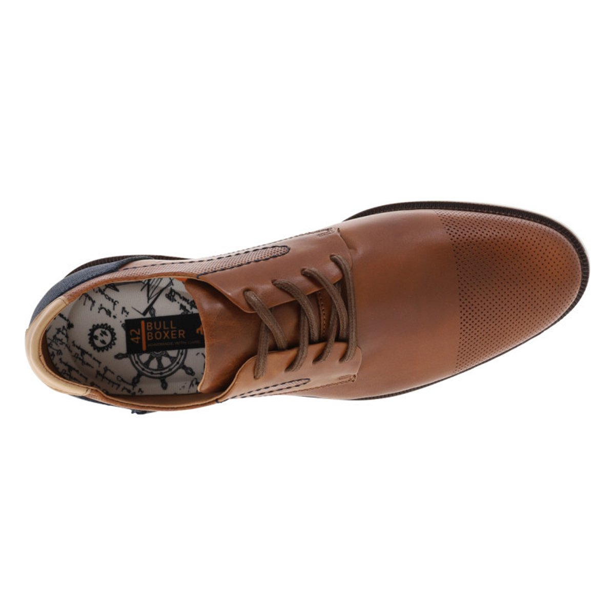 Sneakers en cuir cognac à talon plat et des surpiqûres marine brun, BULLBOXER