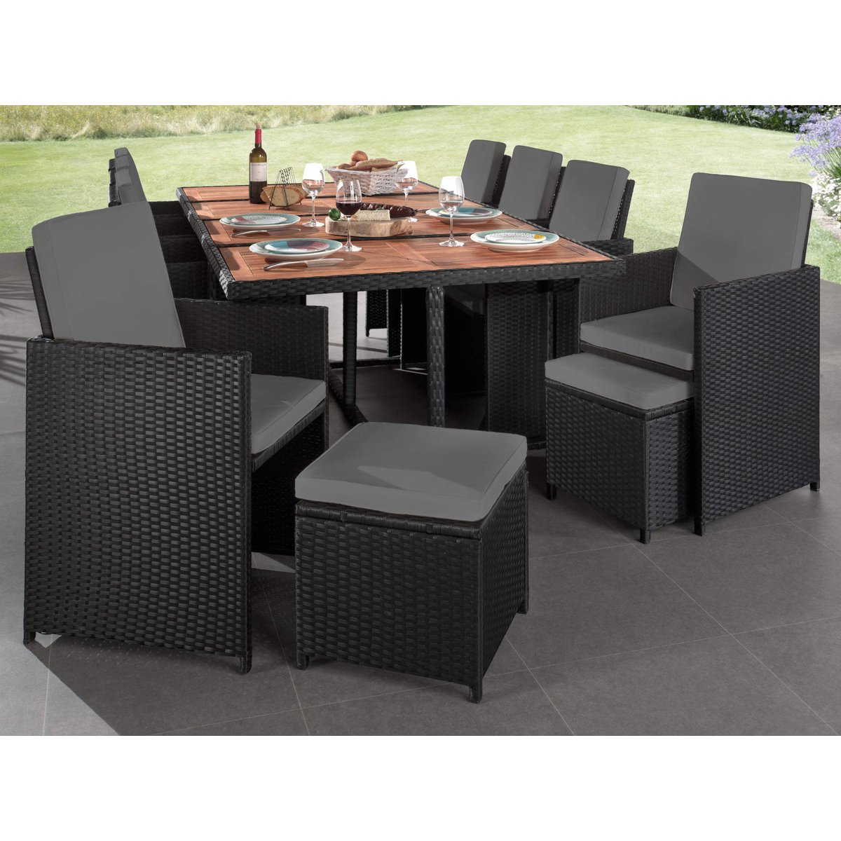 Salon de jardin encastrable 12pl résine tressée, CUBA noir / gris, BEST MOBILIER