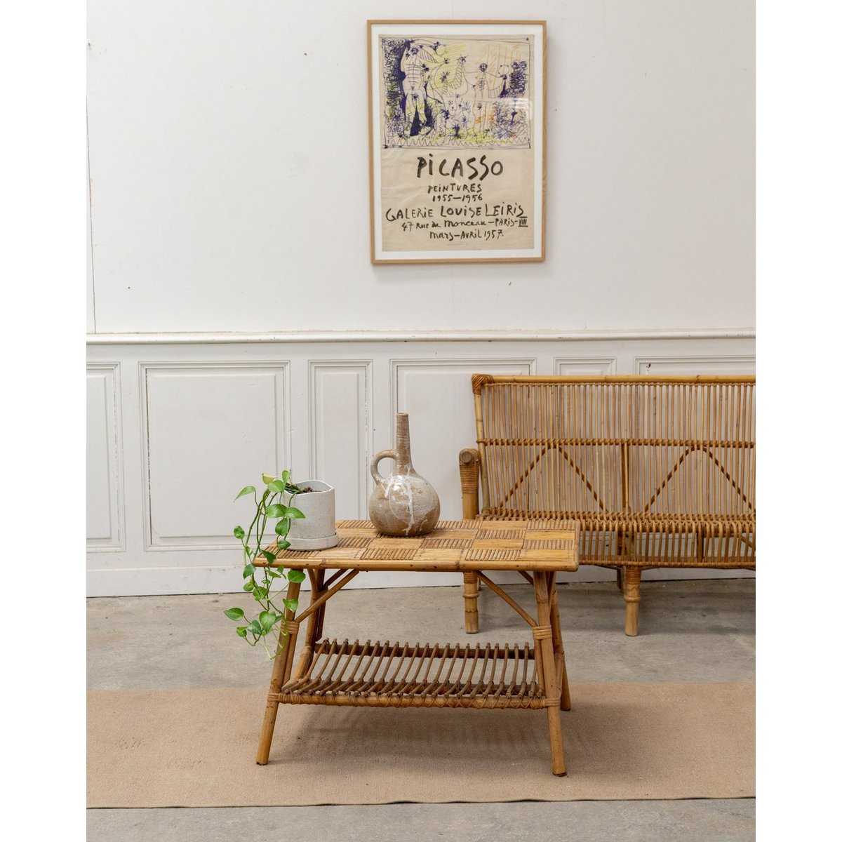 Table basse vintage en marqueterie de rotin Léonie N°1050 - Bon état naturel, DEBONGOUT