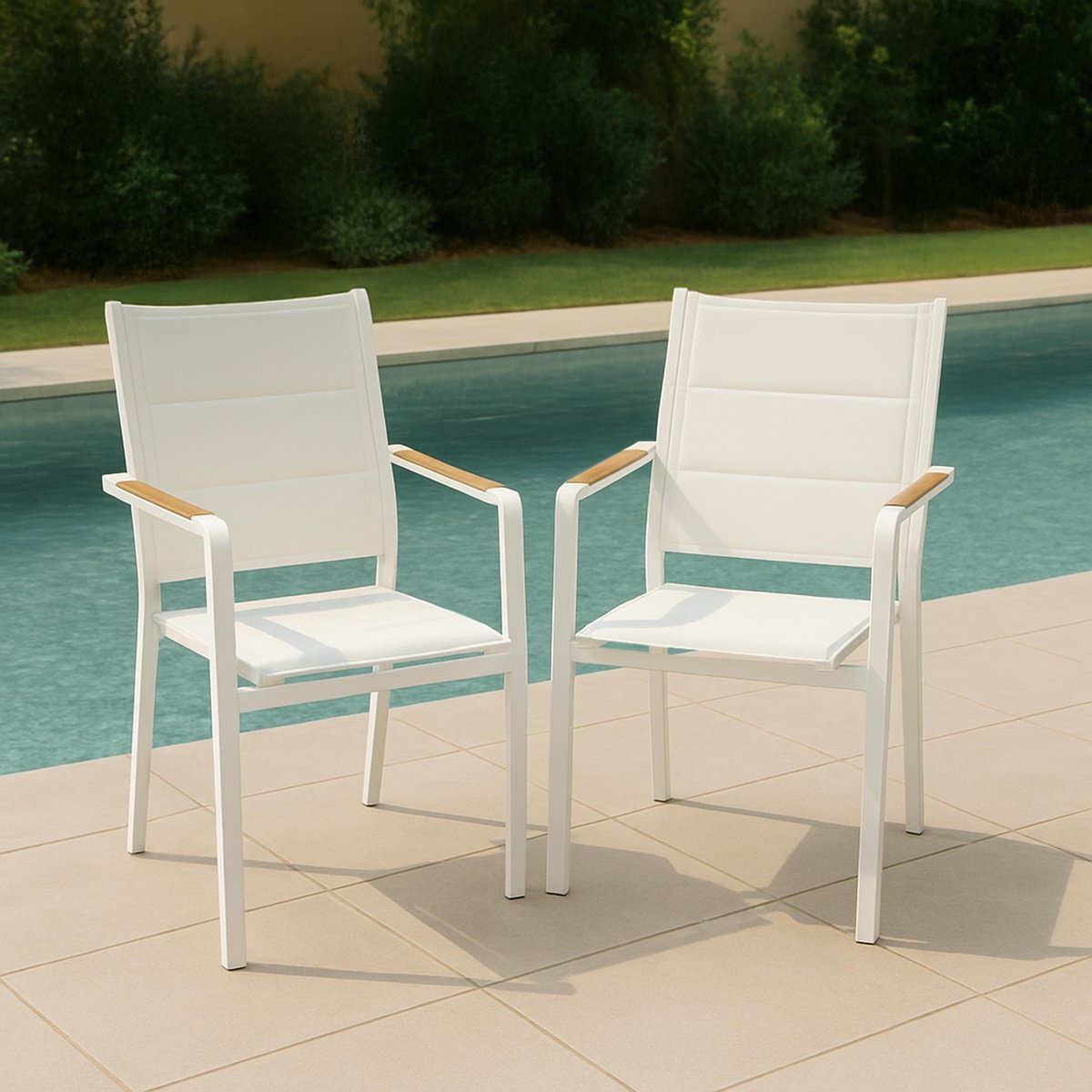 Chaise de jardin en aluminium et textilène avec accoudoirs - Lot de 2, CIOTAT blanc, OVIALA