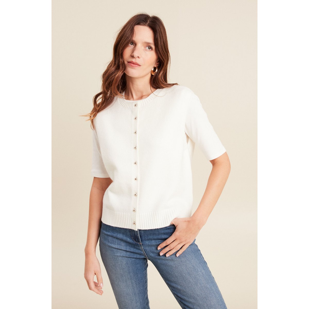 gilet droit court sans manches col rond ecru, BREAL