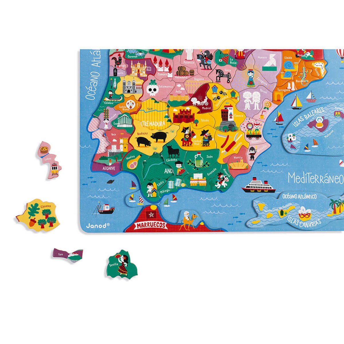 Puzzle carte Péninsule Ibérique magnétique bleu, JANOD