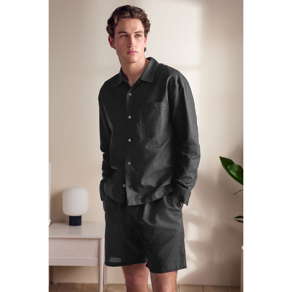 Pyjama short en mélange de coton et lin noir, NEXT