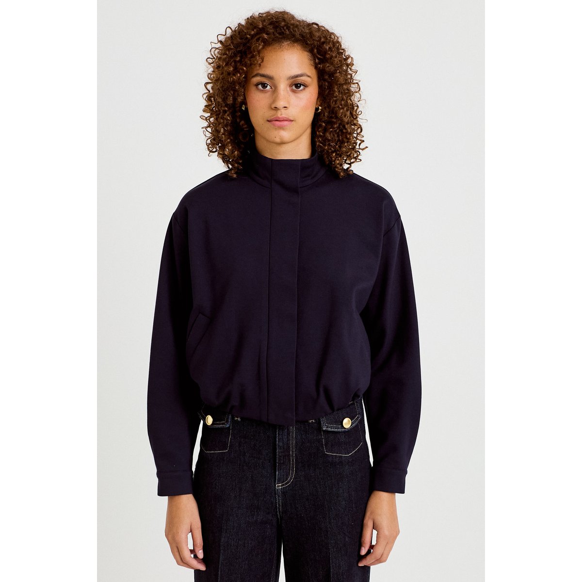 Veste cropped bas resserré bleu marine, CACHE CACHE