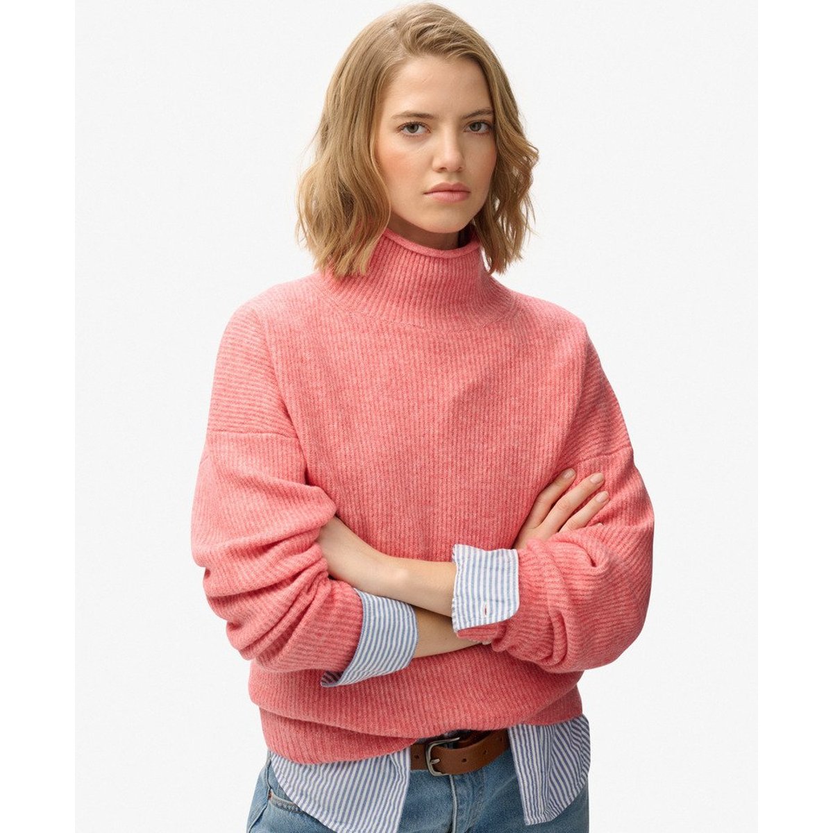 Pull col rond en grosse maille rouge brut twist, SUPERDRY