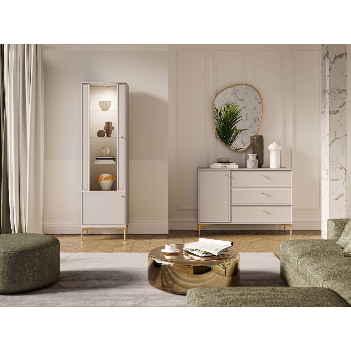 Vitrine 2 portes éclairée collection SANDRO beige cachemire et détails dorés, RECOLLECTION