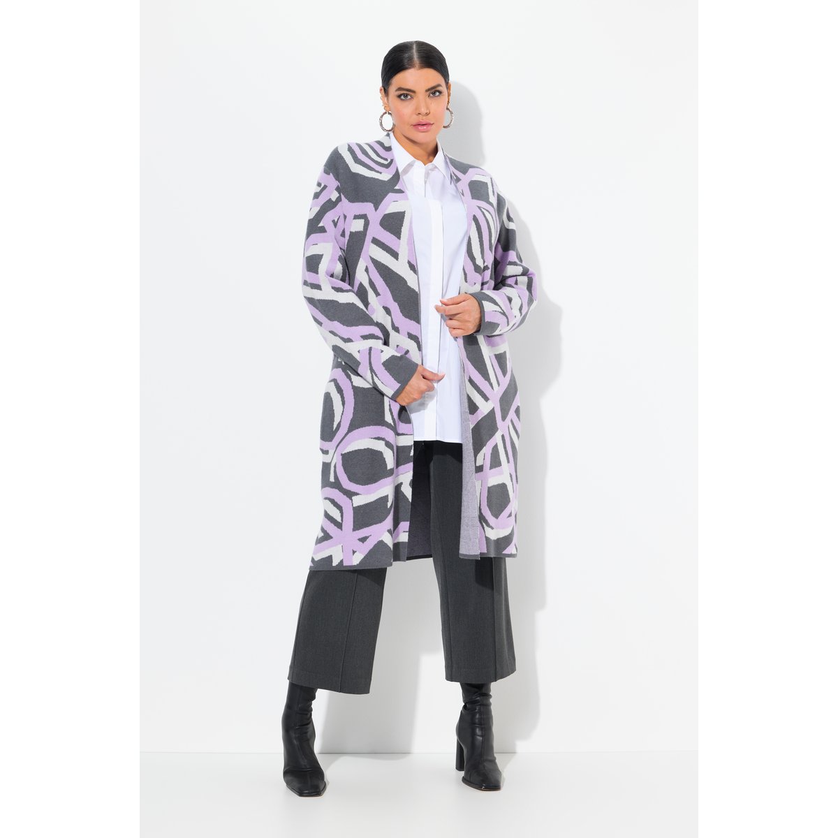 Cardigan long à col montant ouvert et motif asphalte, ULLA POPKEN