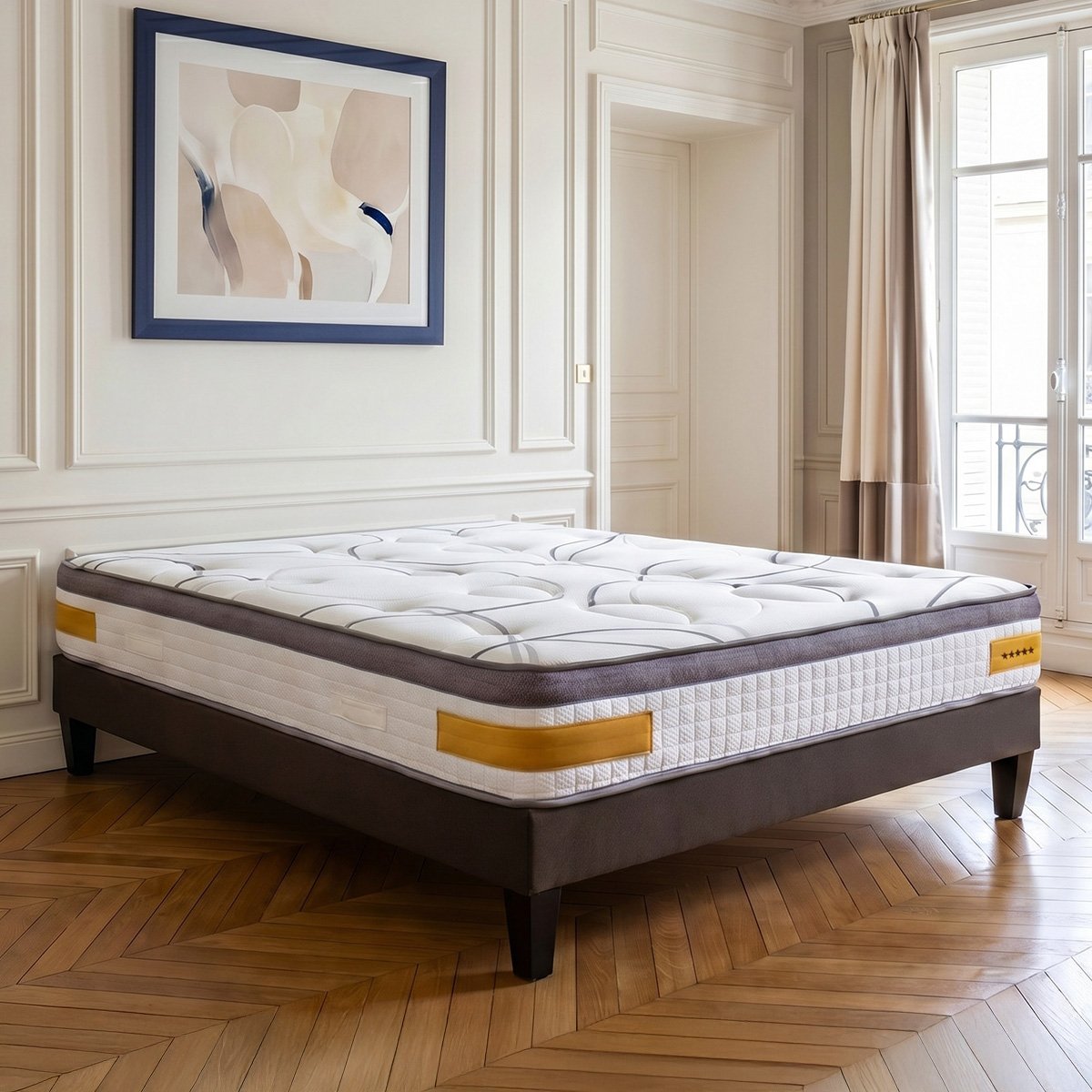 Ensemble Matelas Mémoire de forme COPENHAGUE avec sommier couleur unique, BELLECOUR