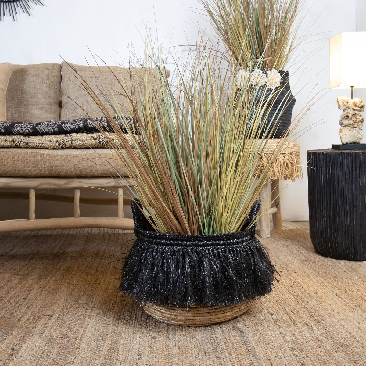 Panier en abaca avec franges, ZALO noir, NOW'S HOME