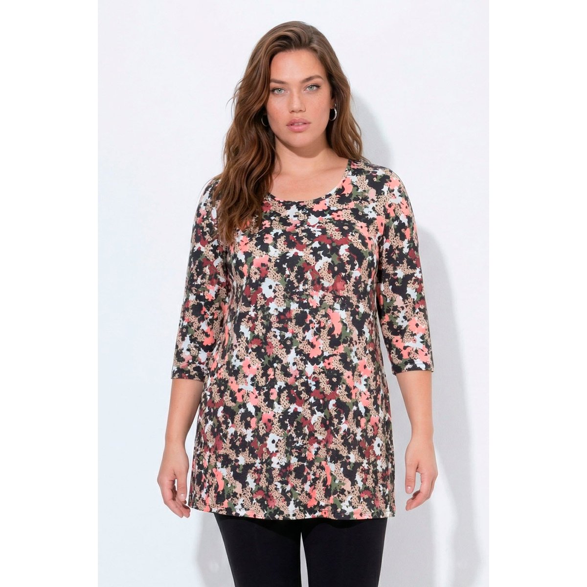 T-shirt long, fleurs, coupe en A, col rond gris olive, ULLA POPKEN
