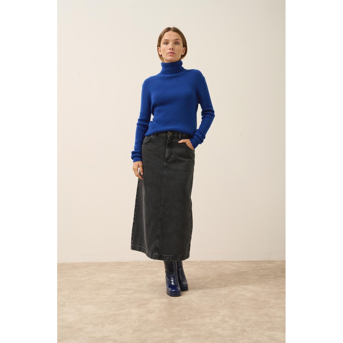 Pull Col Roulé Outremer Lanais bleu foncé, JUST CASHMERE