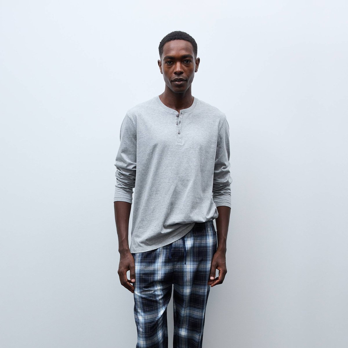 Pyjama manches longues en jersey et pantalon en flanelle en coton gris moyen, MONOPRIX