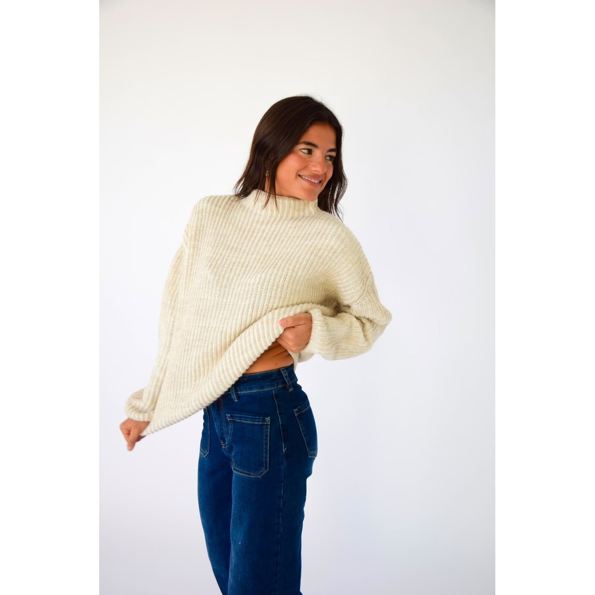 Pull col montant maille côtelée RITA beige, MINDTRAVELER
