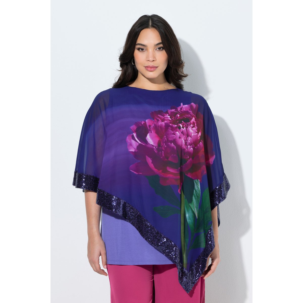 Blouse avec voile en mousseline à fleurs violet, ULLA POPKEN