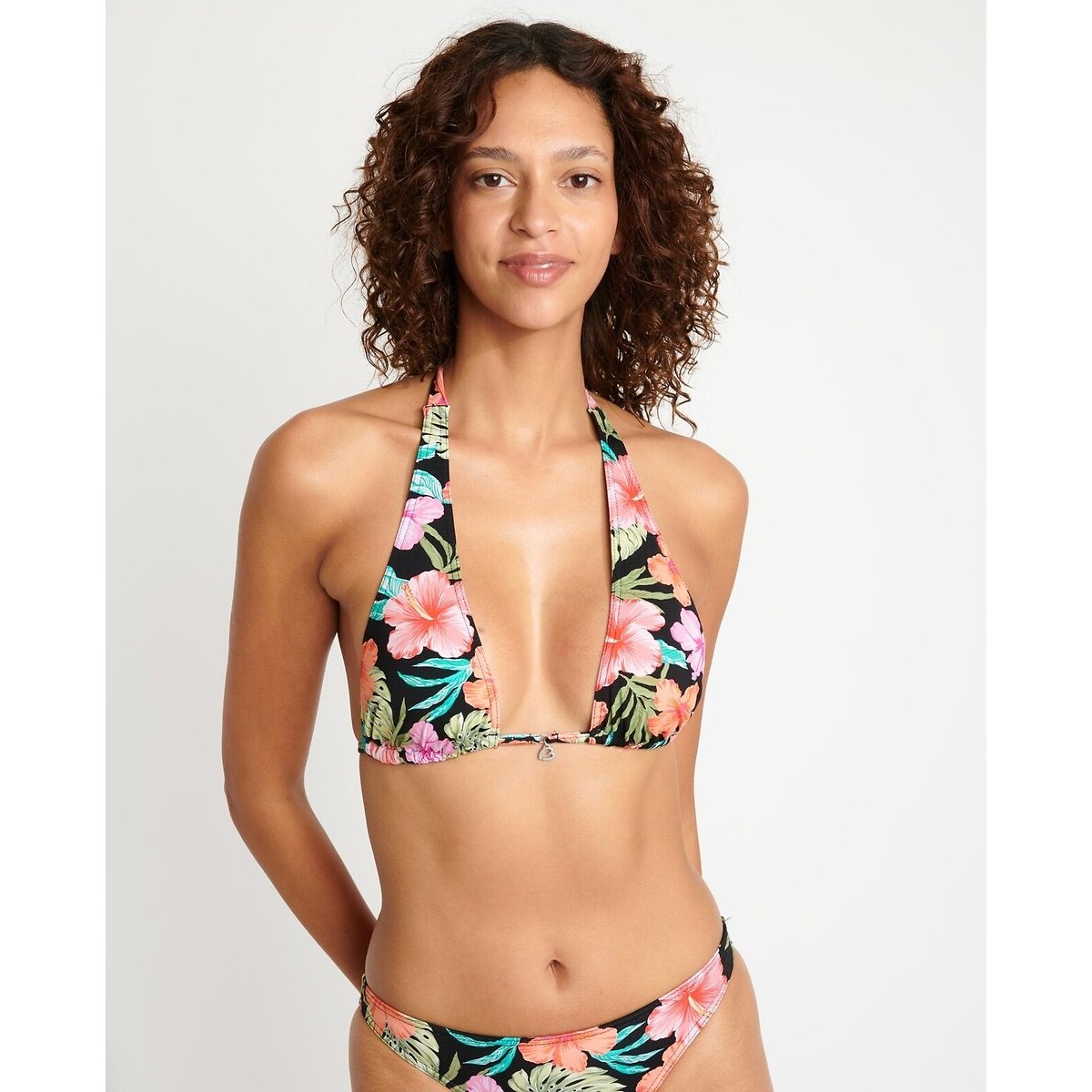 Halterneck Bikini Top, Tango Noelani print/black background, BANANA MOON