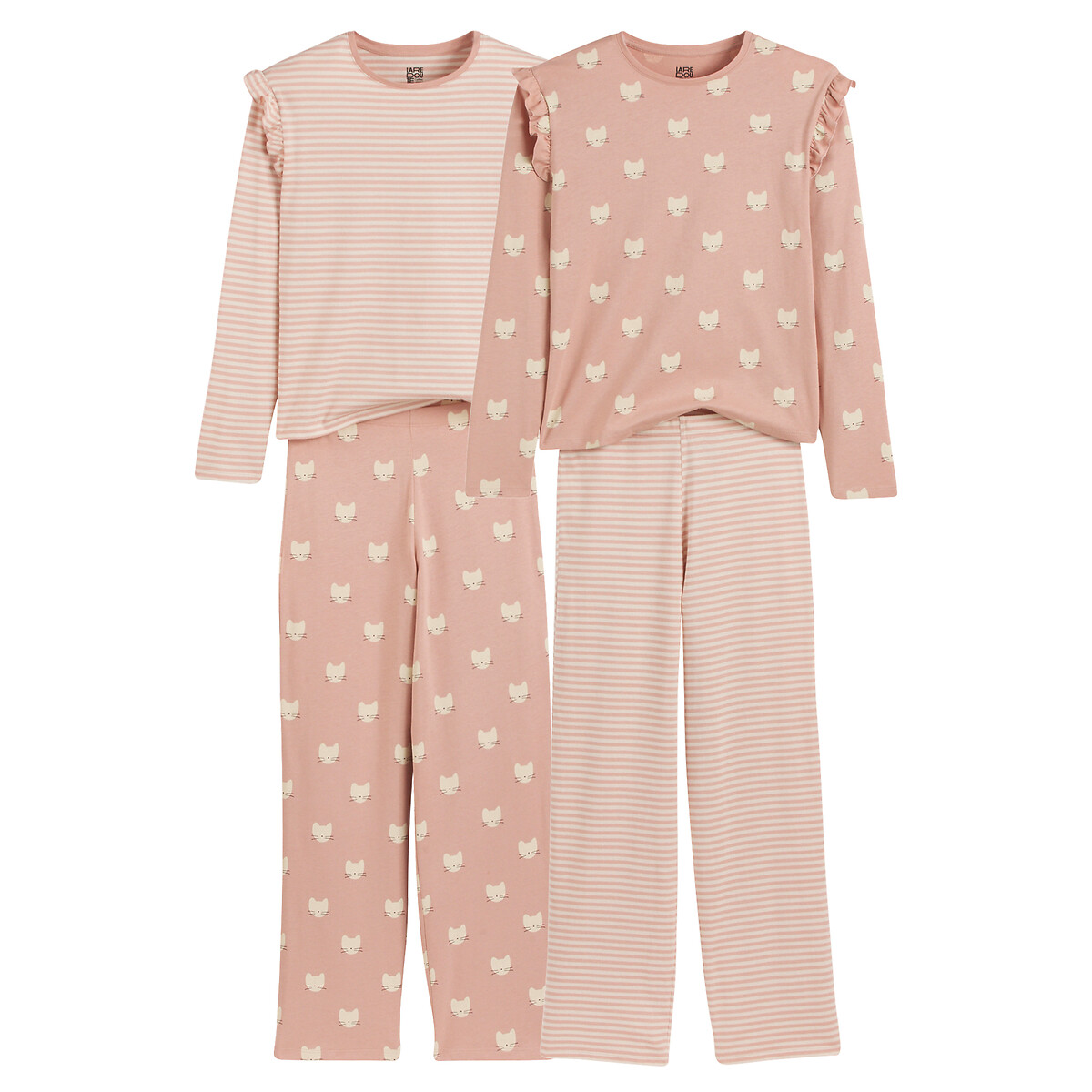 Lot de 2 pyjamas coton, imprimés chats et rayures ecru + rose, LA REDOUTE COLLECTIONS