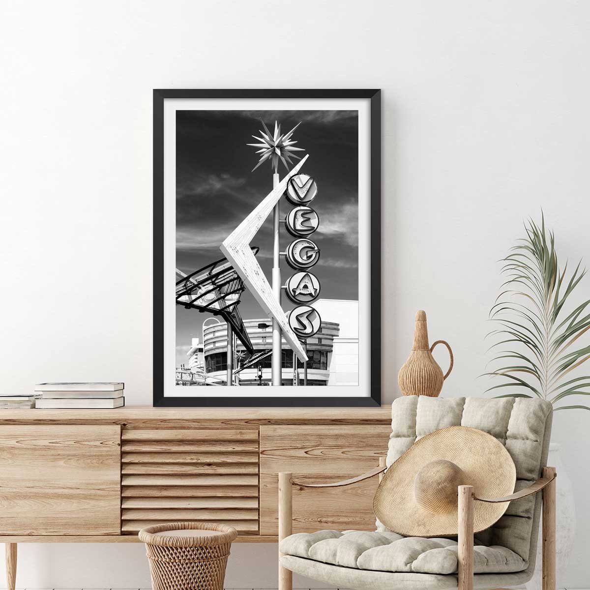 Affiche paysage Vegas vintage affiche + cadre en bois - noir, HEXOA