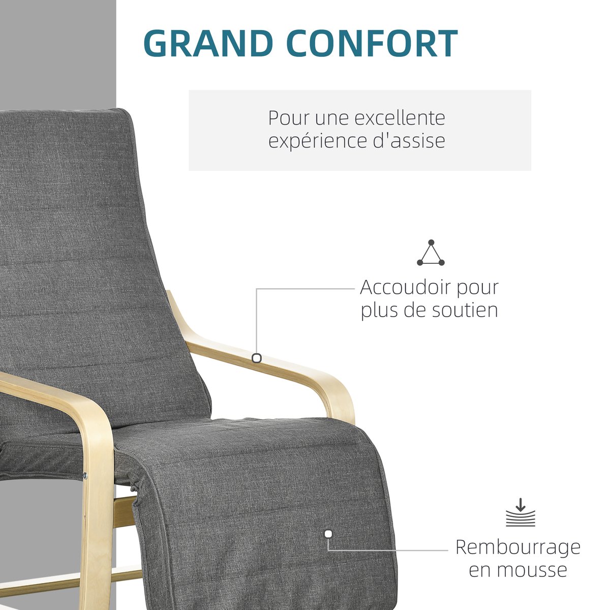 Accent Chair bois massif de bouleau Gris gris, bois naturel, HOMCOM
