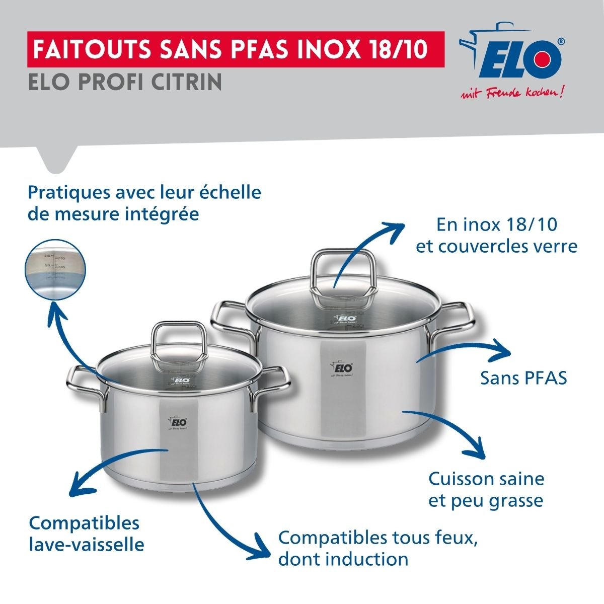 Batterie 2 poêles 28/32cm + 2 faitouts 16/20cm PROFI CITRIN inox, ELO