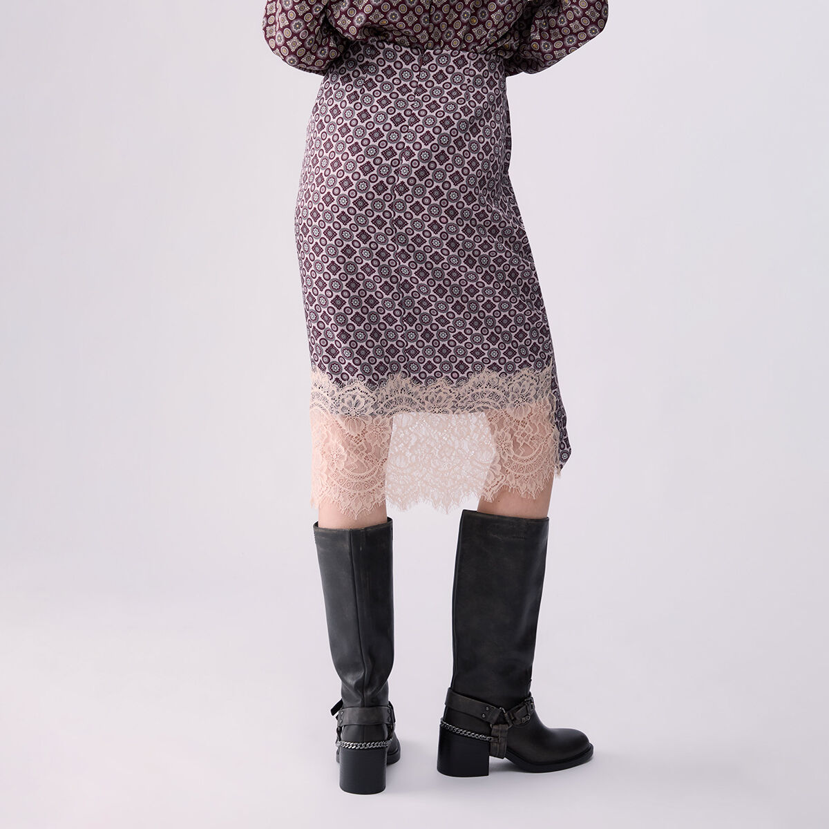 Jupe mi-longue avec détails en dentelle aubergine, LIU JO