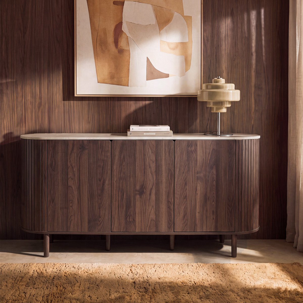 Buffet 3 portes en bois effet  travertin L 160 cm- ALMA bois foncé, DRAWER