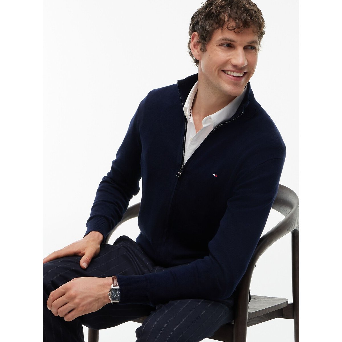 Cotton/Cashmere Zipped Cardigan with High Neck navy blue, TOMMY HILFIGER