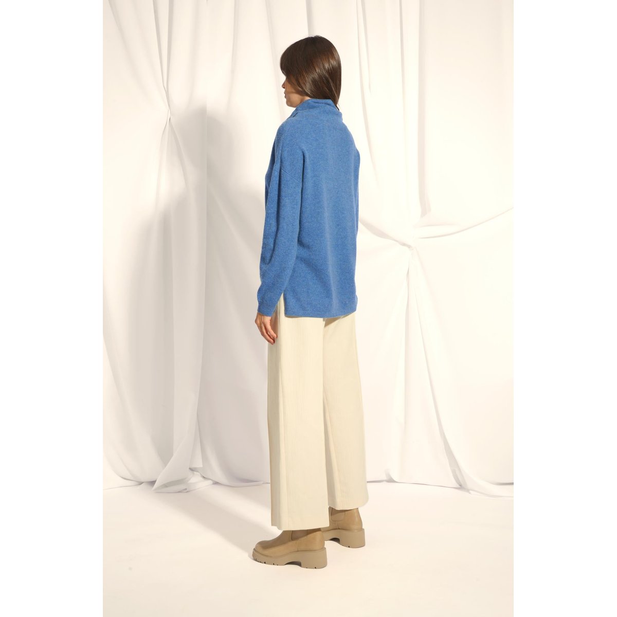 Pull Col Montant Cordon Coulissant Fentes Côtés Bleu Denim Melrose bleu denim, JUST CASHMERE
