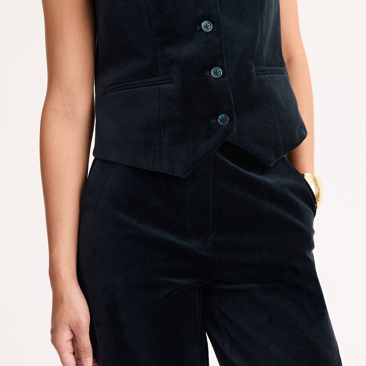 Veste sans manches en velours lisse bleu marine, ANNE WEYBURN