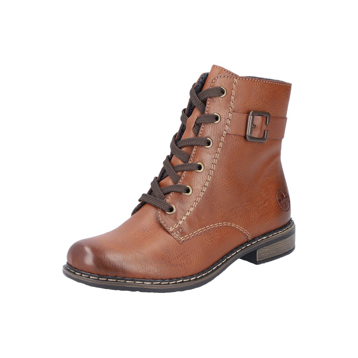 Bottines cognac à talon décroché bas avec des lacets et un zip latéral cognac, RIEKER