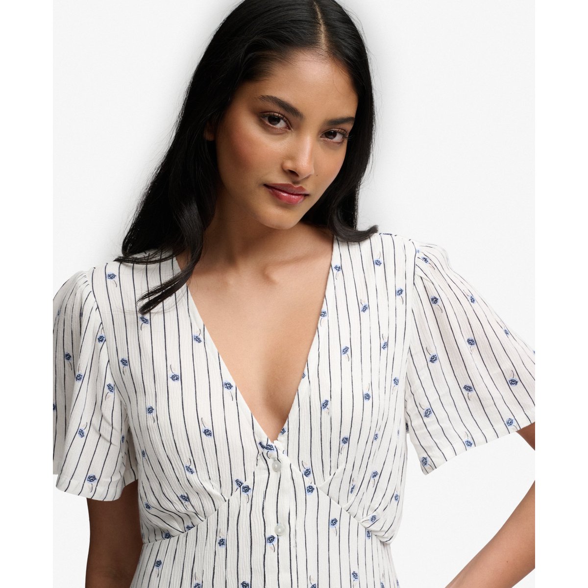 Robe Midi à Manches Courtes et Boutons Imprimée rayures ditsy crème œillet, SUPERDRY
