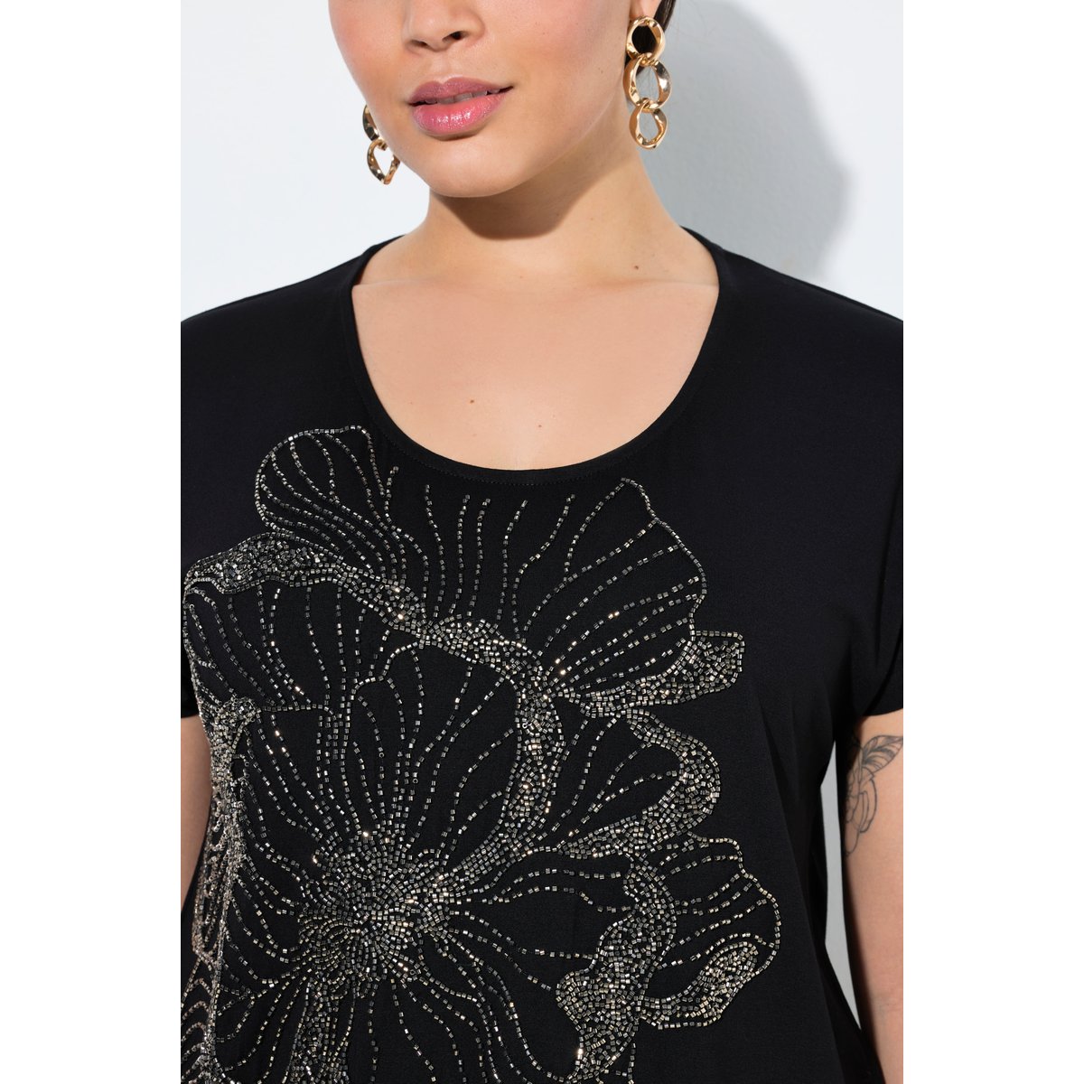 Blouse avec fleurs et petits strass noir, ULLA POPKEN