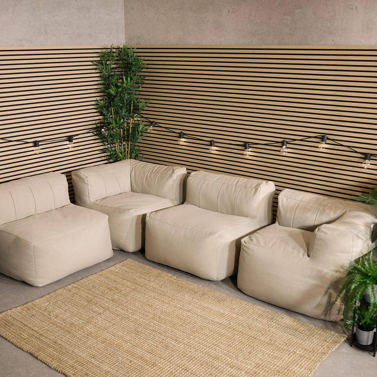 Pouf canapé de jardin modulable 4 places (2 angles, 2 fauteuils) en oléfine imperméable Oeko-Tex® - ZEN beige, ICON