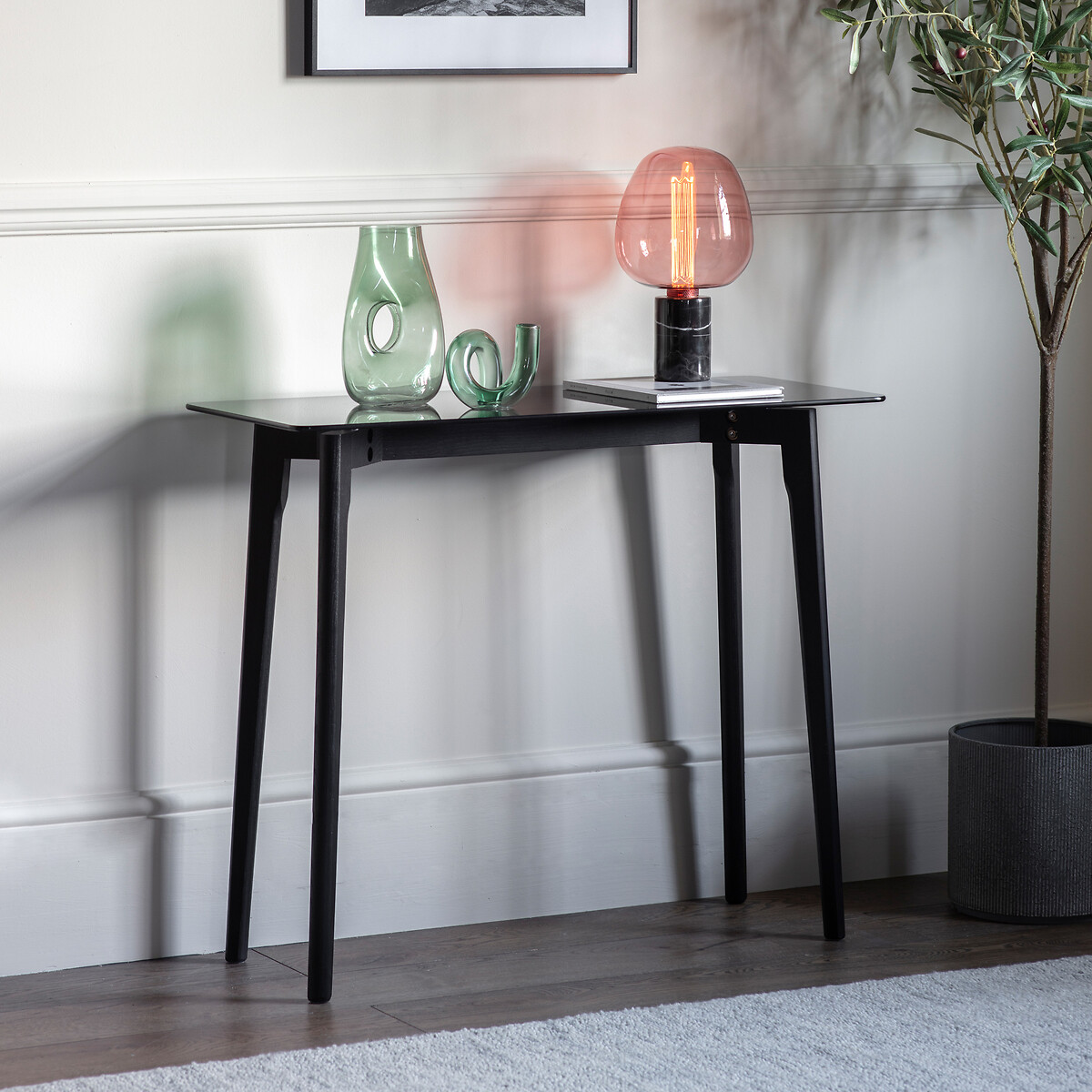 Tinsukia Black Oak and Glass Console Table black, SO'HOME